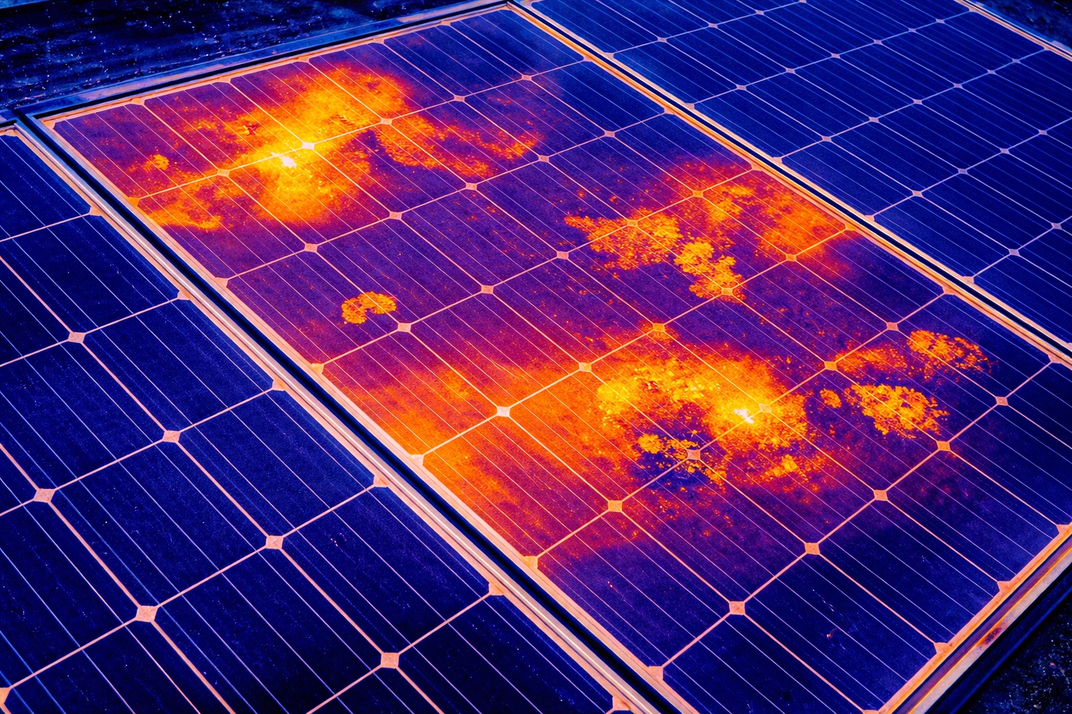 Panel solar con zonas calientes antes de la limpieza